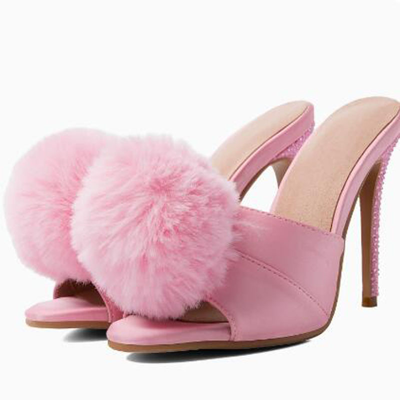 Pink Satin Ball Fur Pom‑pom Hi - Slip Dress Satin 评论和价格