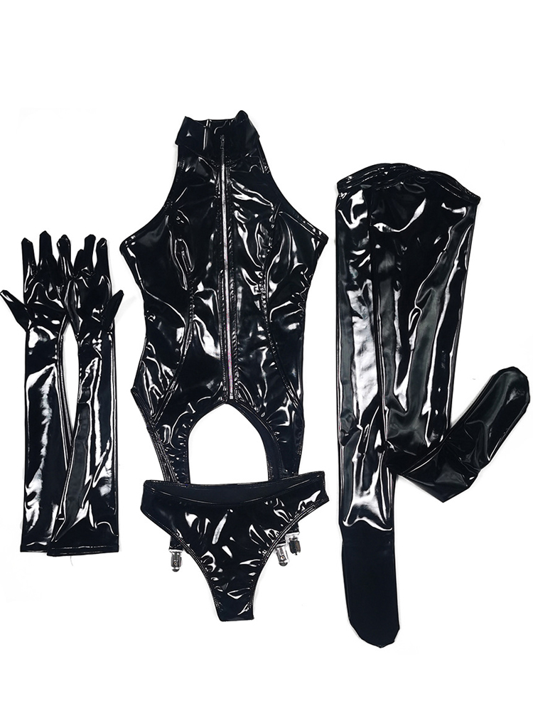 4PCS/SET Wet Look PVC Catsuit  - Garter Belt Set 评论和价格